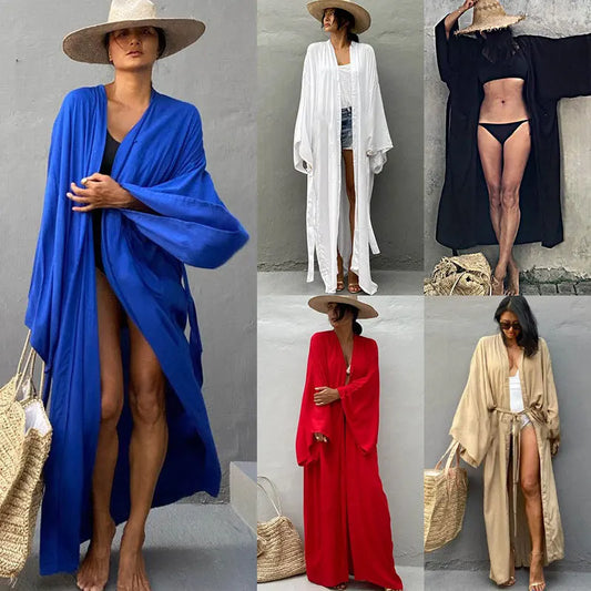 Front view of Women's Belted Breeze Long Kimono Cover-Up  on different color 