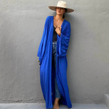 view of Women's Belted Breeze Kimono blue Cover-Up with flowy design