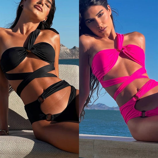 Front view of split-front bikini with color block straps and high waist