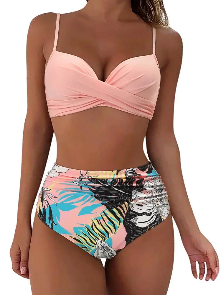 Flat lay of mix-and-match bikini tops and bottoms in unique colors combinations 