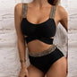 Front view of gold patchwork high-waist bikini set for women   