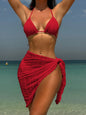 Front view of 3-piece halter bikini set with high-leg bottoms and sarong Red Style 
