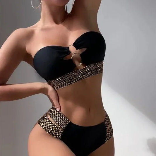  Front view of solid color high-waist bikini set for women 