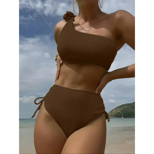 Front view of strapless bikini with knot tie top and side-tie bottoms