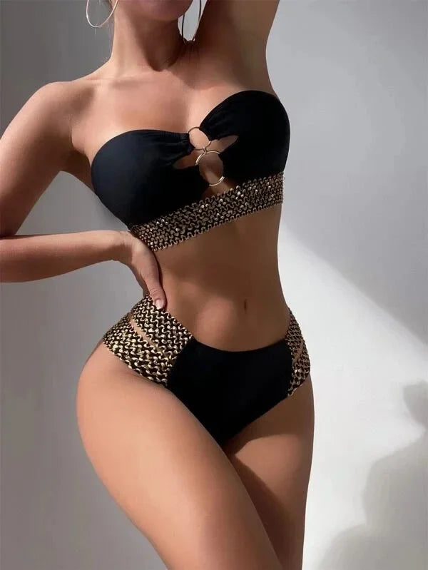  Model wearing black high-waist bikini by the pool 