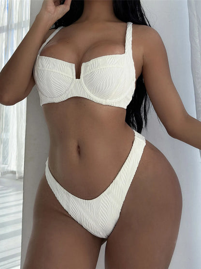 Front view of ruched underwire bikini set with high-leg bottoms