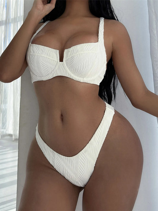 Front view of ruched underwire bikini set with high-leg bottoms