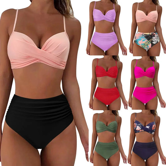 Front view of breathable two-piece bikini set in sunset Multiple colors and styles