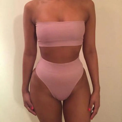 Front view of strapless high-waist bikini set
