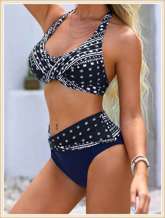 Front view of gradient stripe bikini with cross-front top and high-waist bottoms