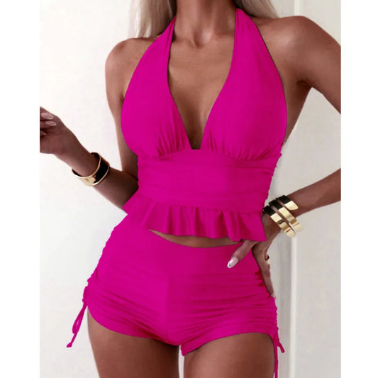 Front view of push-up tankini top and bikini bottoms pink style 