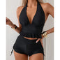 Front view of push-up tankini top and bikini bottoms black style 