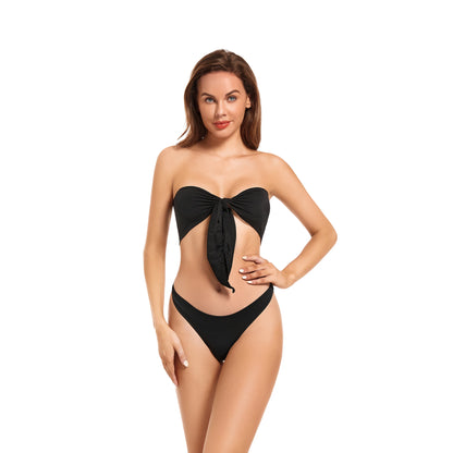 Front view of tan-through Capri bikini top in coral fade color    