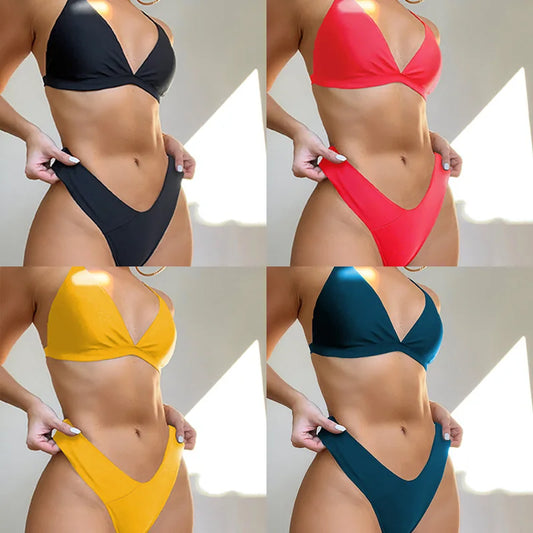 Front view of solid color bikini with V-neck top and low-rise bottom