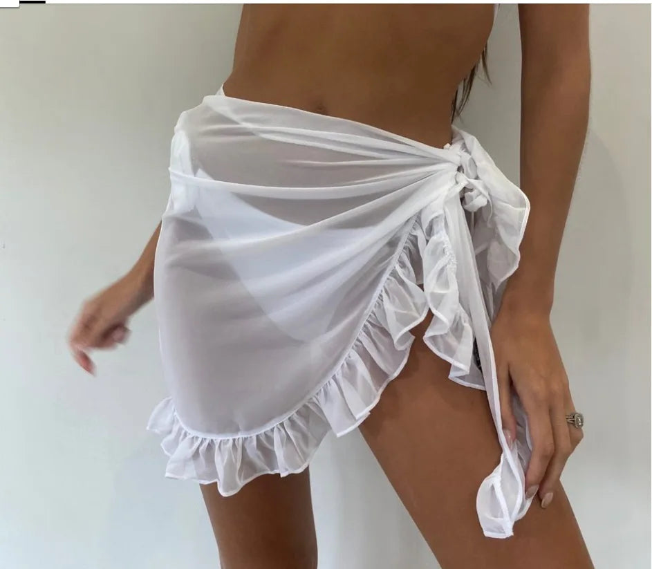 ruffle bikini cover up short skirt sarong  white style 