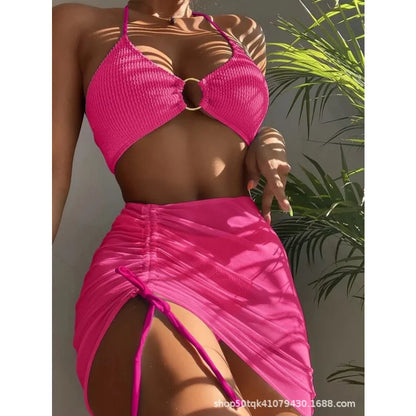 front view of bikini set showing sheer mesh cover-up pink style 