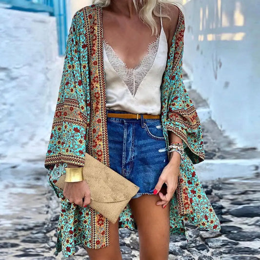 Women's Bohemian Floral Long-Sleeve Beach Cardigan Cover-Up