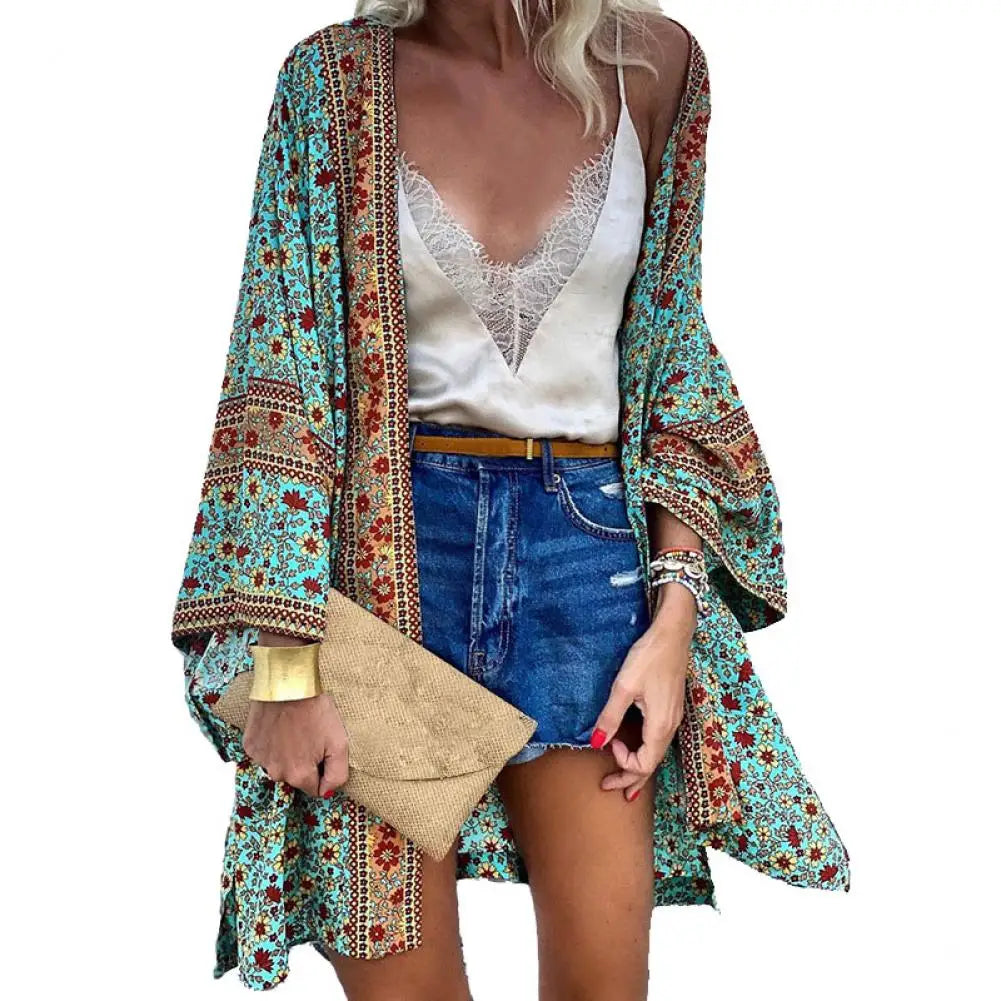 front view of Women's Bohemian Floral Cardigan showcasing flowy design t
