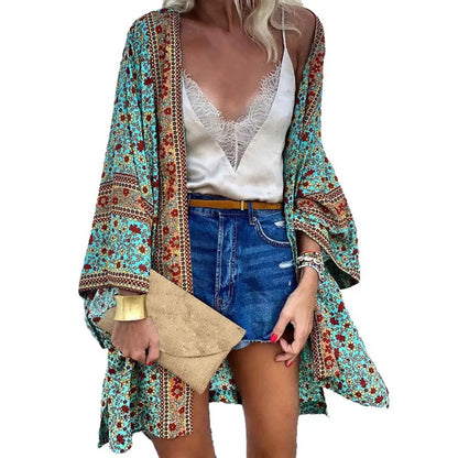 front view of Women's Bohemian Floral Cardigan showcasing flowy design t