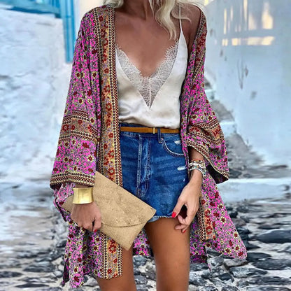  Women's Bohemian Floral Cardigan Cover-Up styled with accessories at a resort