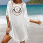 Boho fringe knitted sunflower tunic beach dress white color 