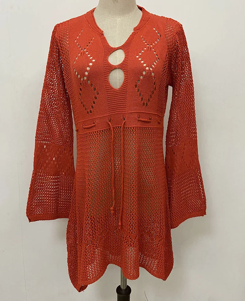 Breathable orange mesh knitted tunic beach dress women’s cover-up