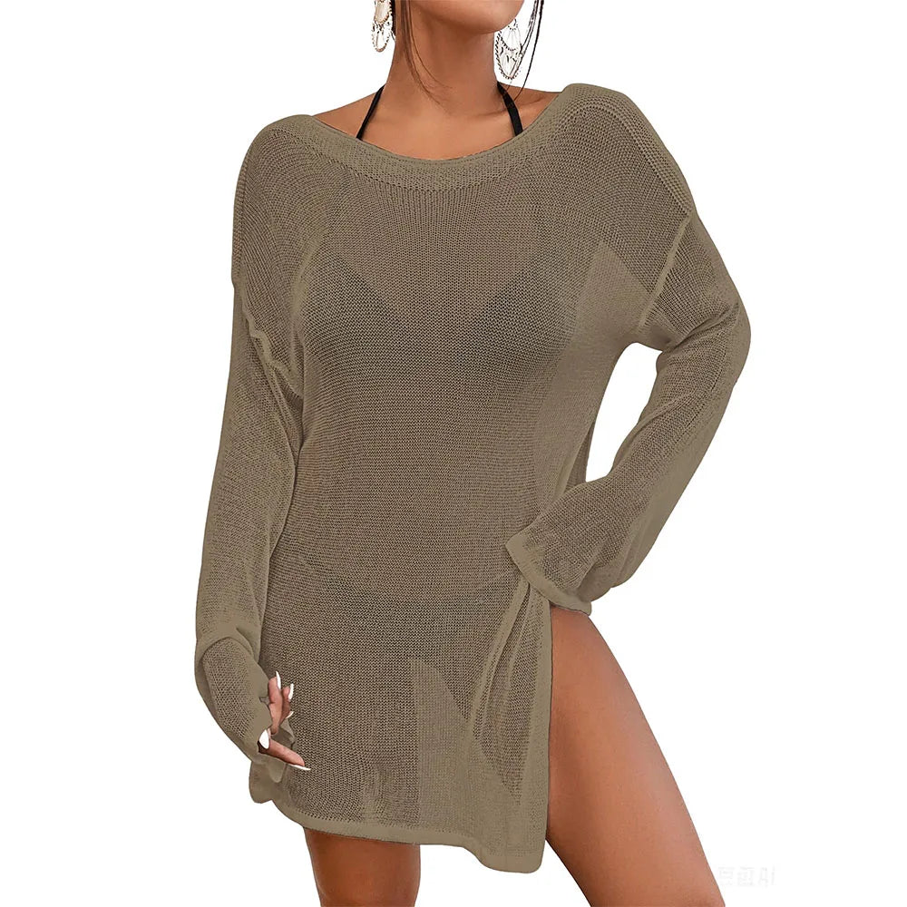 Front view of the model wearing  brown Beach Cover-Up