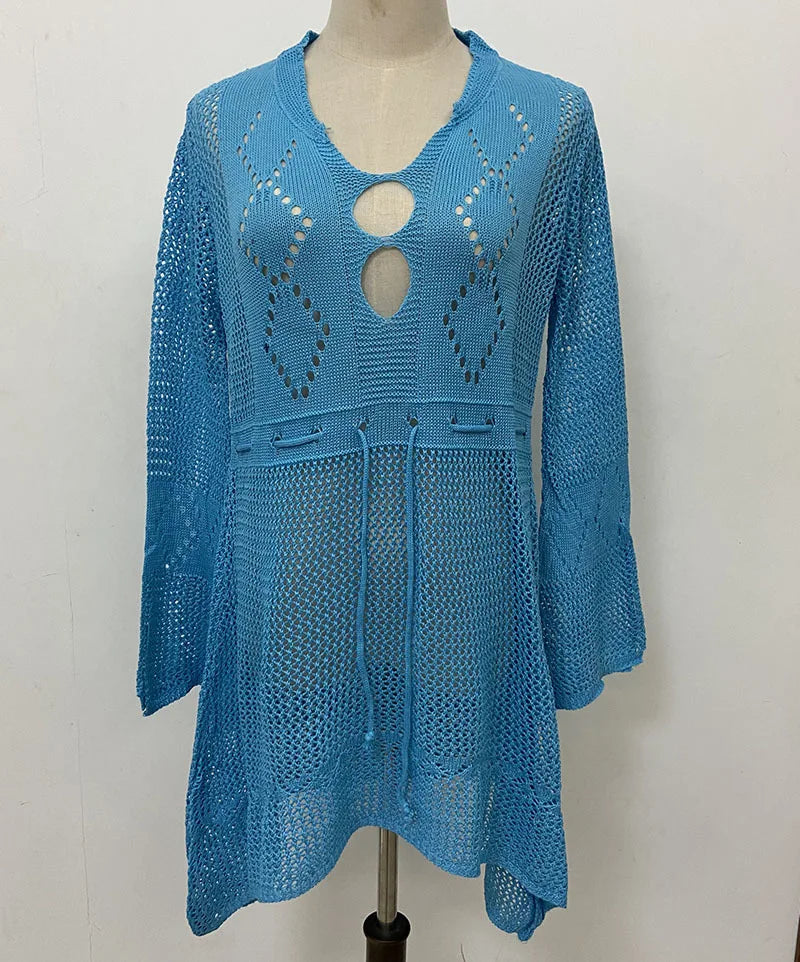 Chic blue mesh knitted tunic swimsuit cover-up for women