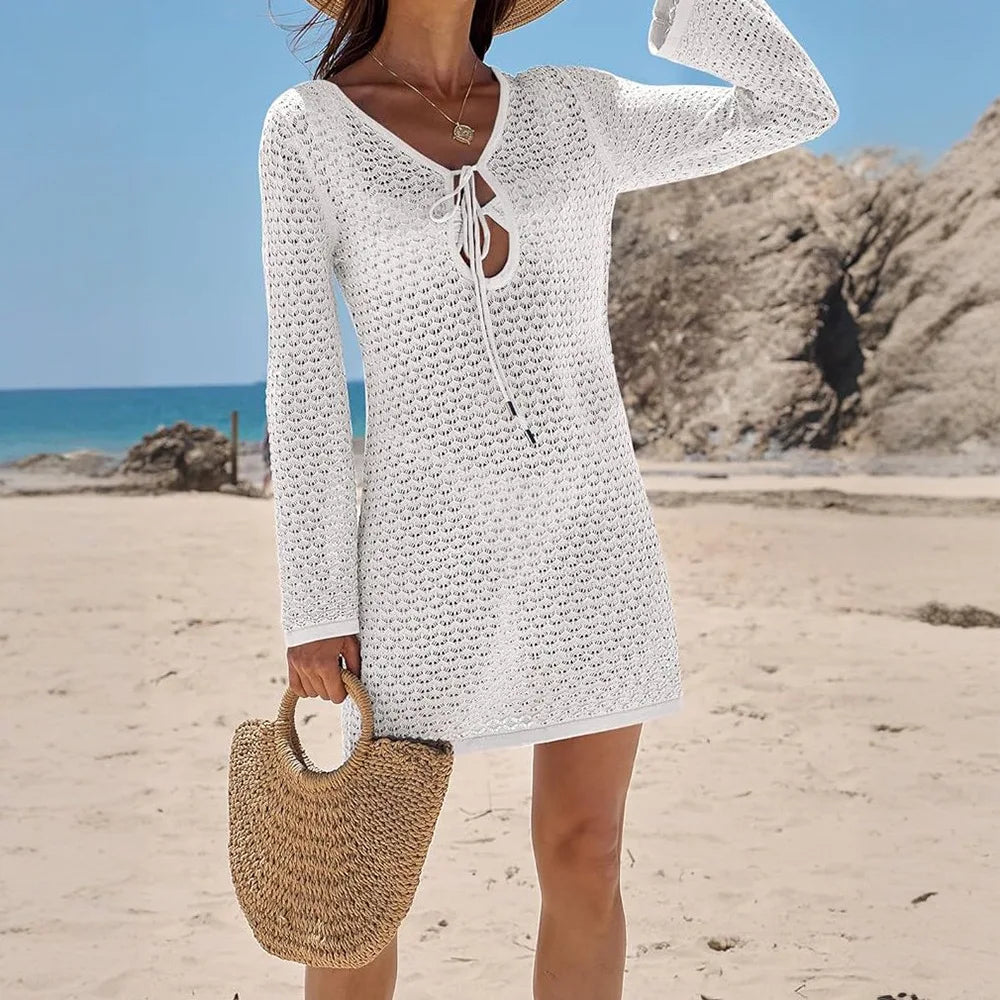  Chic crochet knit bikini cover-up mini dress women front view 