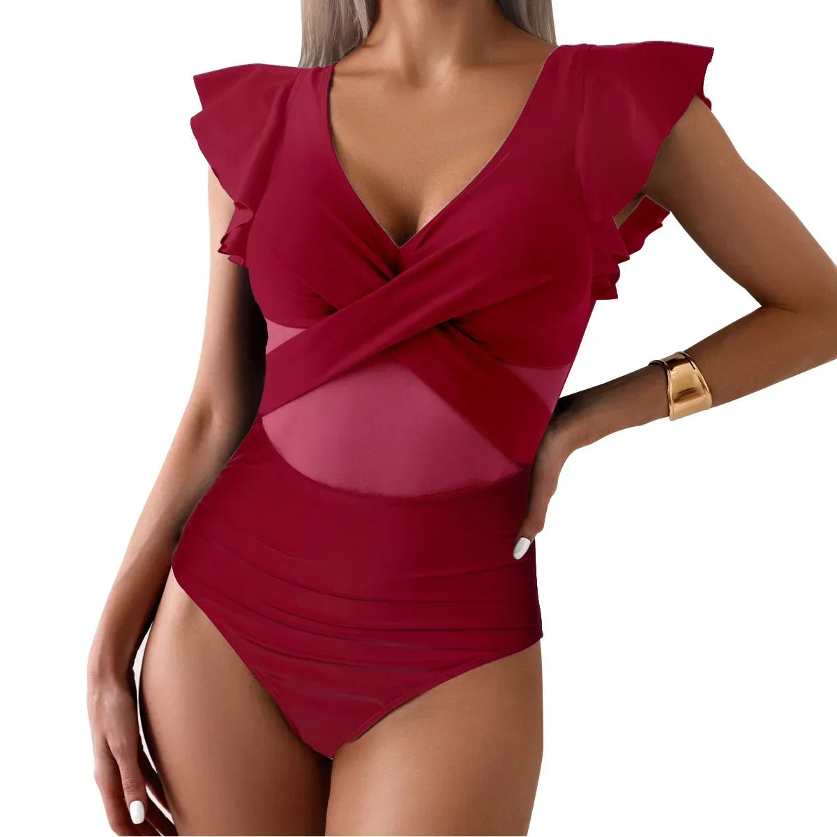  Chic ruffle one-piece swimsuit on beach setting