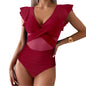  Chic ruffle one-piece swimsuit on beach setting