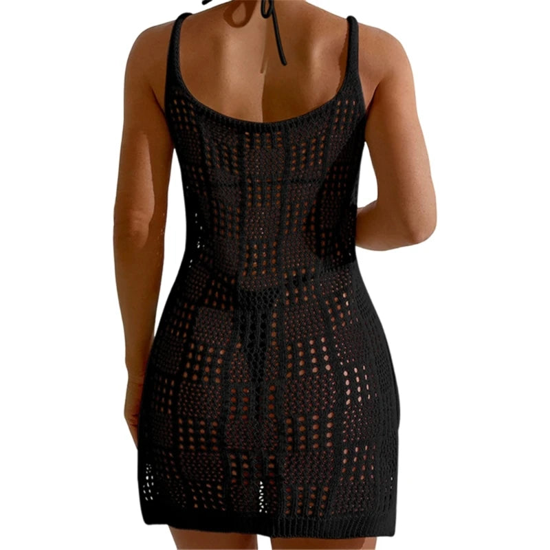 Chic sleeveless crochet knit beach cover-up for women back view 