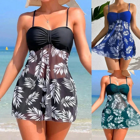 Front view of Women's Coastal Charm Split Swimsuit Dress with mesh print all colors 