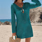 Front view of Women's Crochet Charm Long-Sleeve Beach Tunic in green