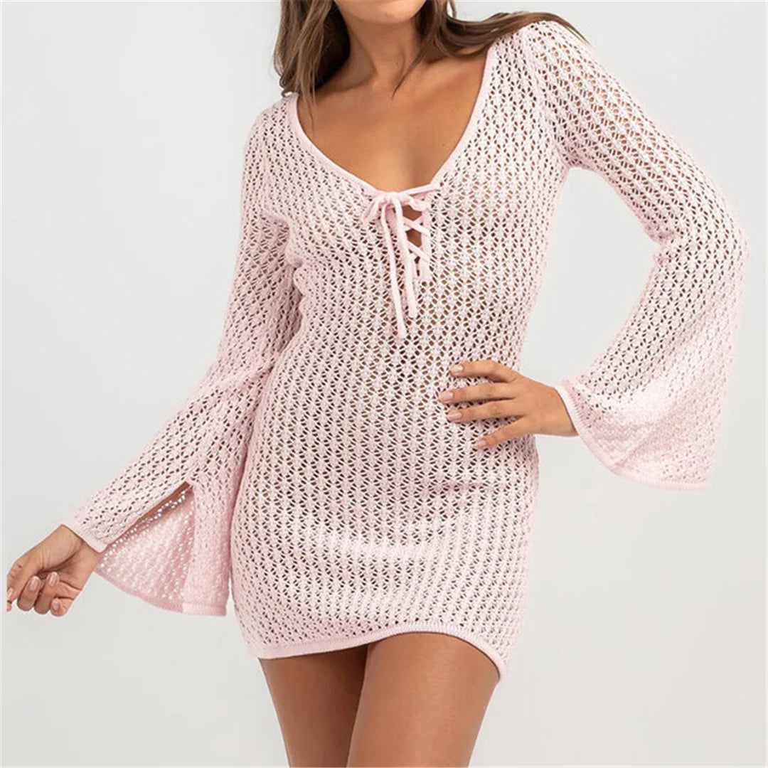 Crochet V-neck summer beach cover-up hollow out tunic dress pink front view 