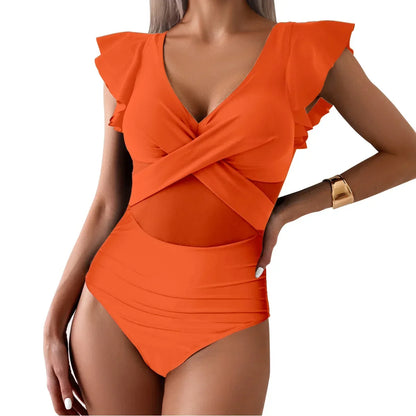 Model wearing elegant V-neck ruched swimsuit with ruffle sleeves
