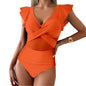 Model wearing elegant V-neck ruched swimsuit with ruffle sleeves
