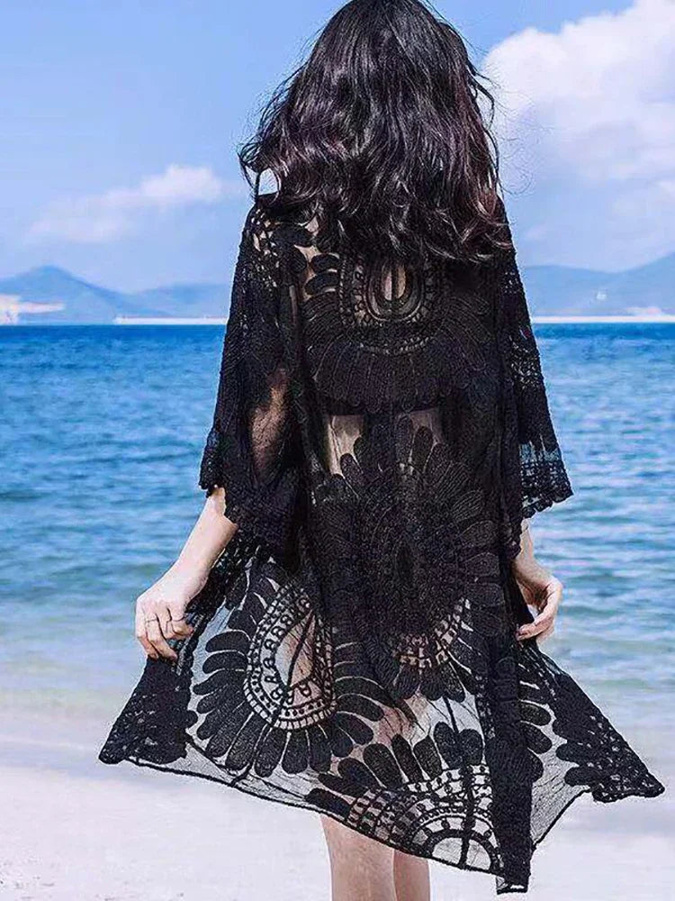 Back view of Women's Floral Lace Kimono Cover-Up with sheer design