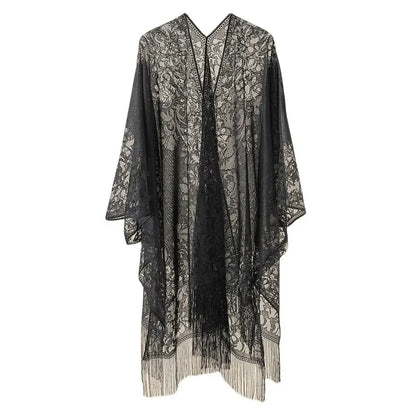 Women's Floral Lace Kimono Cover-Up styled for a vibrant beachside stroll