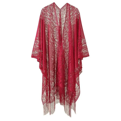 Close-up of tassel hem in Women's Floral Lace Kimono Cover-Up
