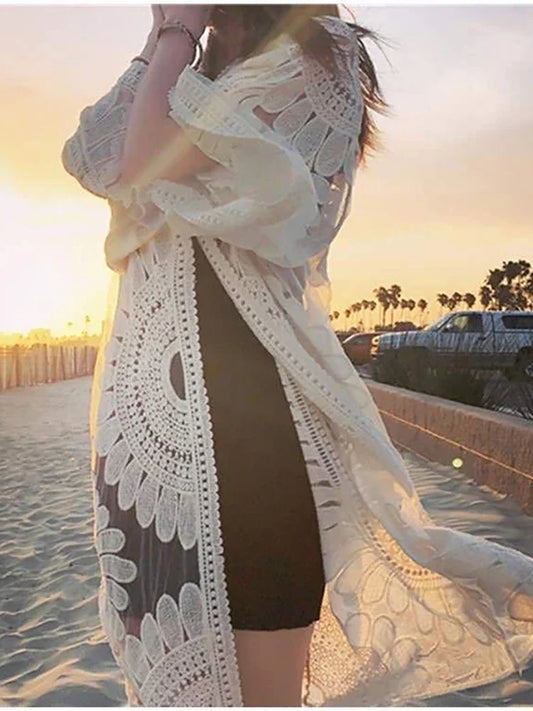 Side view of Women's Floral Lace Kimono showcasing flowy silhouette