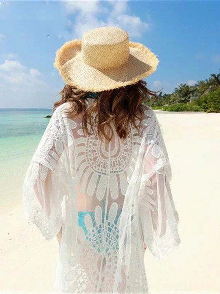 Floral Lace Kimono Cover-Up styled over a bikini for beach elegance