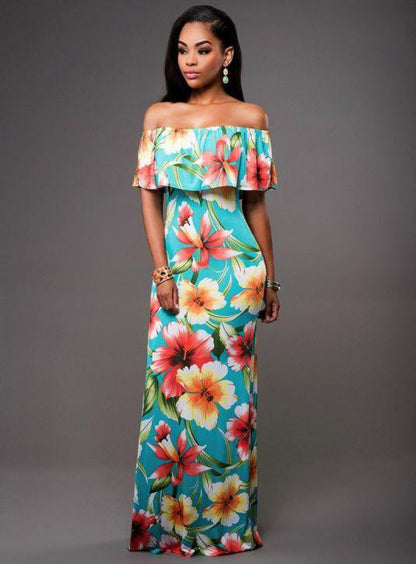 Off Shoulder Long Beach Dress - Turquoise-0