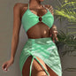 four -piece mesh bikini cover up set with skirt and top blue color 