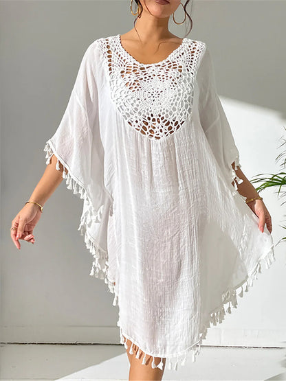 Fringe tassel embroidery tunic cover-up long beach dress
