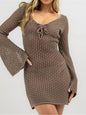 Hollow out crochet knit tunic women’s beach cover-up dress Darkbrown front view 