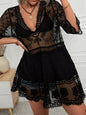 Close-up of plunge V-neck in Women's Lace Plunge Cover-Up Dress black