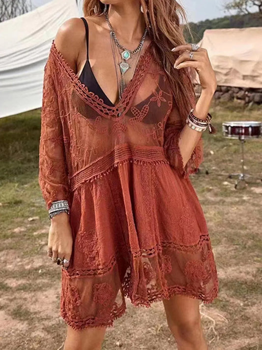 Front view of Women's Lace Plunge Beach Cover-Up Dress with V-neck