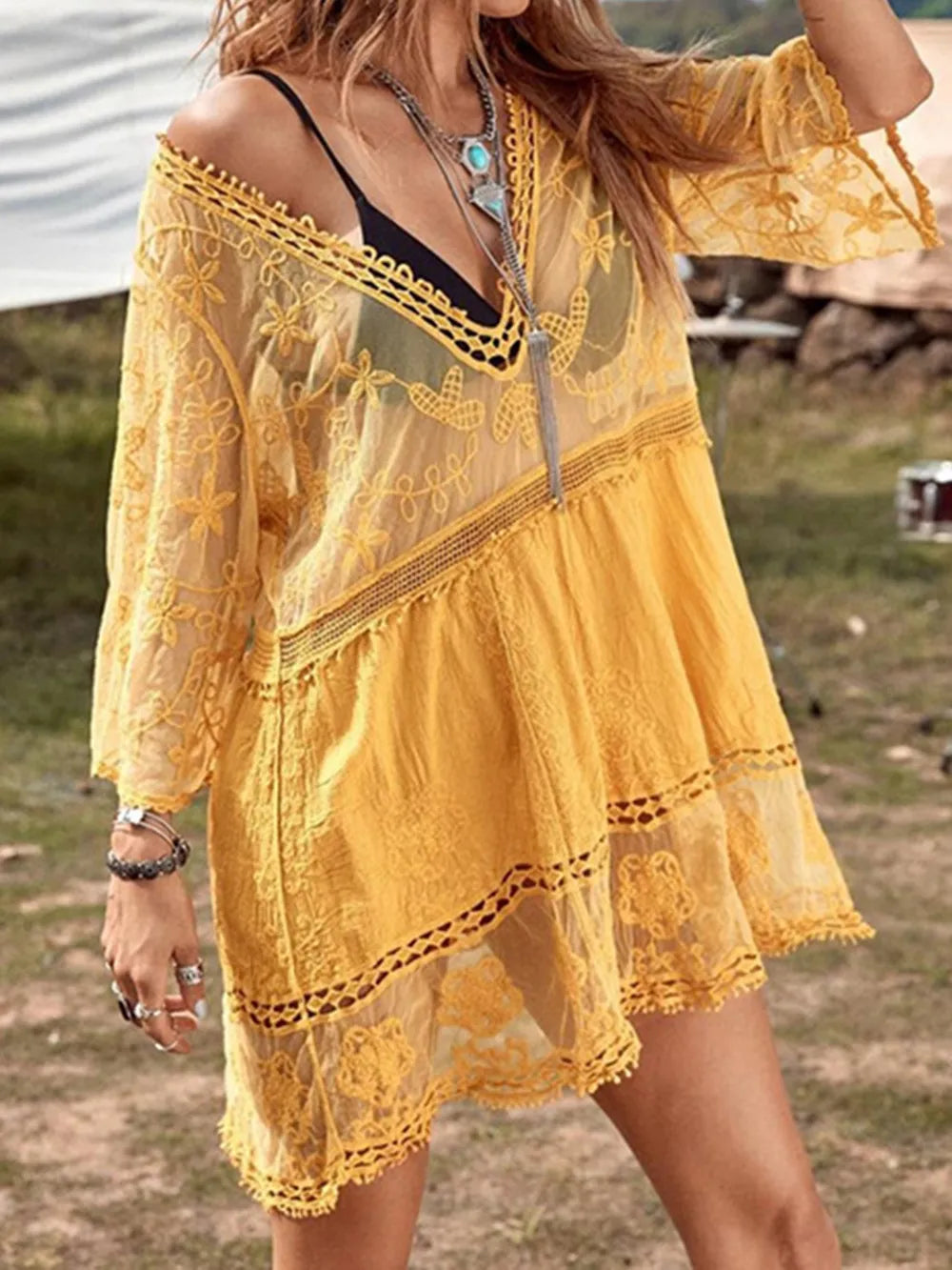 Women's Lace Plunge Cover-Up Dress styled with accessories at a resort