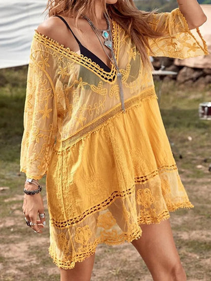 Women's Lace Plunge Cover-Up Dress styled with accessories at a resort